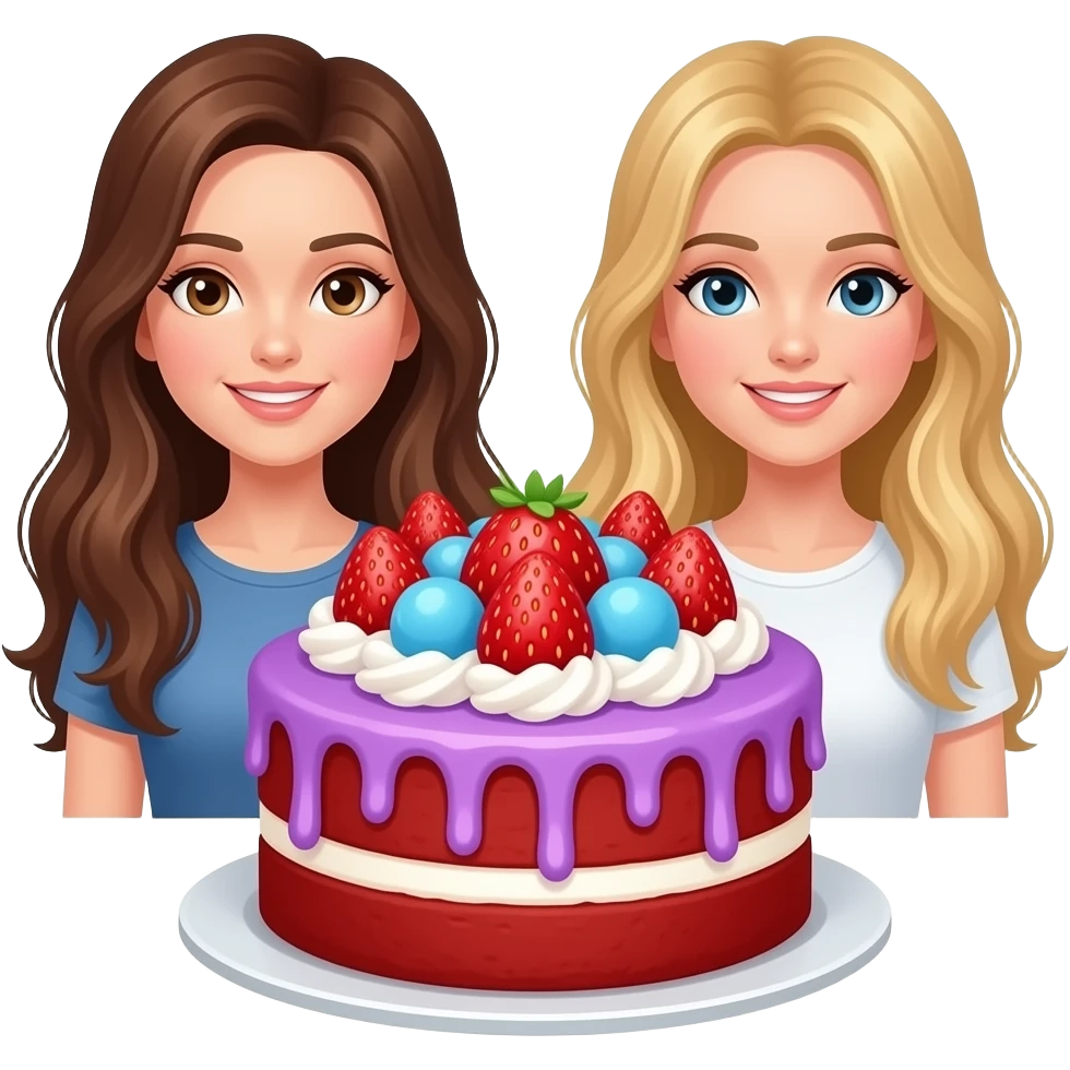 Strawberry shortcake Mixed with red velvet cake that has purple and blue frosting with two girls one has long brown hair and one has long blond hair emoji