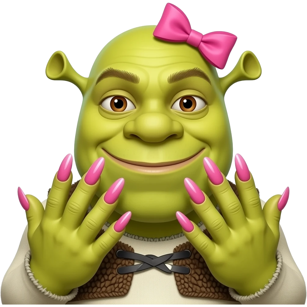 shrek with a pink bow and very long gel nails emoji