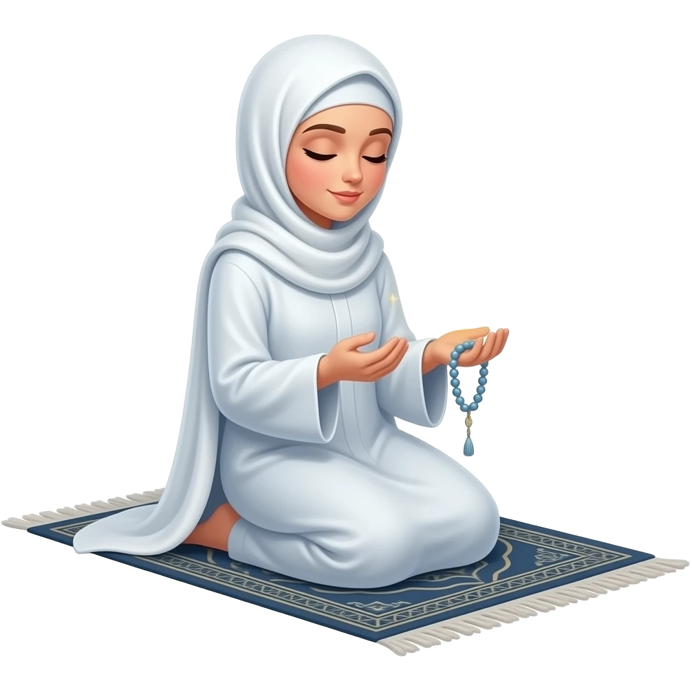 An ethereal Muslim woman, prayed position, closed eyes, wearing a soft white satin hijab, prayer rug and tasbih, gently cupping a luminous Patreon icon (the round 'P' icon) made of liquid light. Text bubble from mind: 'WHAT DO THEY GET IN?'. Isolated on white, magical stardust, 3D icon style emoji