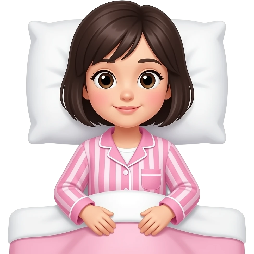 chica despertandose con pijama puesta color rosa y rayas, de cabello oscuro y corto con ropa rosa, aun en la cama emoji