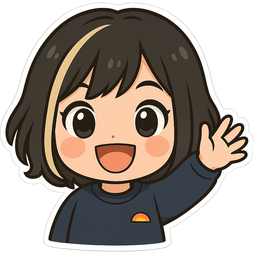 Make this exact chibi girl look happy and waving, keeping the same anime chibi style, face, hair, and outfit. Add a big smile, bright eyes, and her hand raised in a waving gesture. Maintain the chibi stickers style. Transparent background, sized for Twitch emoji use. emoji