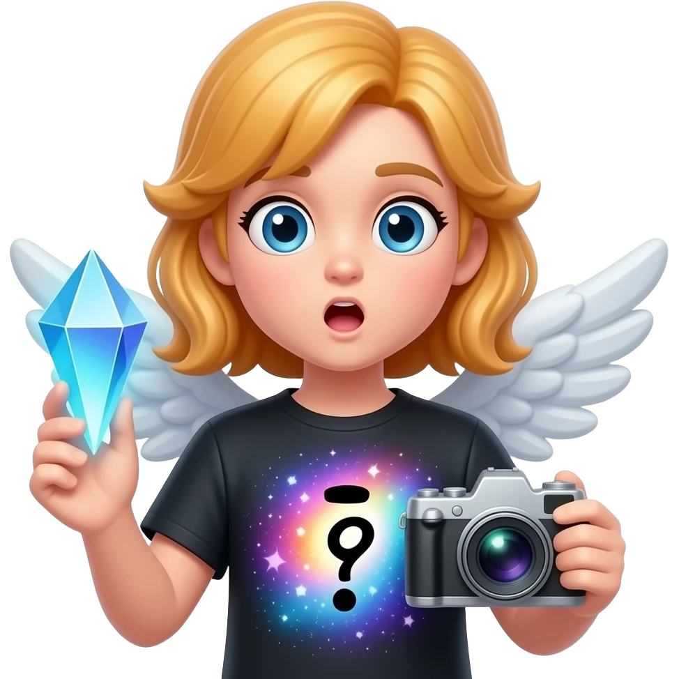 An ethereal blue eyes, glowing amber hair, faceless angel, hand made of starlight holding a crystalline Pinterest logo on the right hand, a camera on the left, surprised. A black decorative text: 'PHOTOGRAPHY?' on center of t-shirt. Glowing nebula colors, isolated on white, bold 3D icon emoji