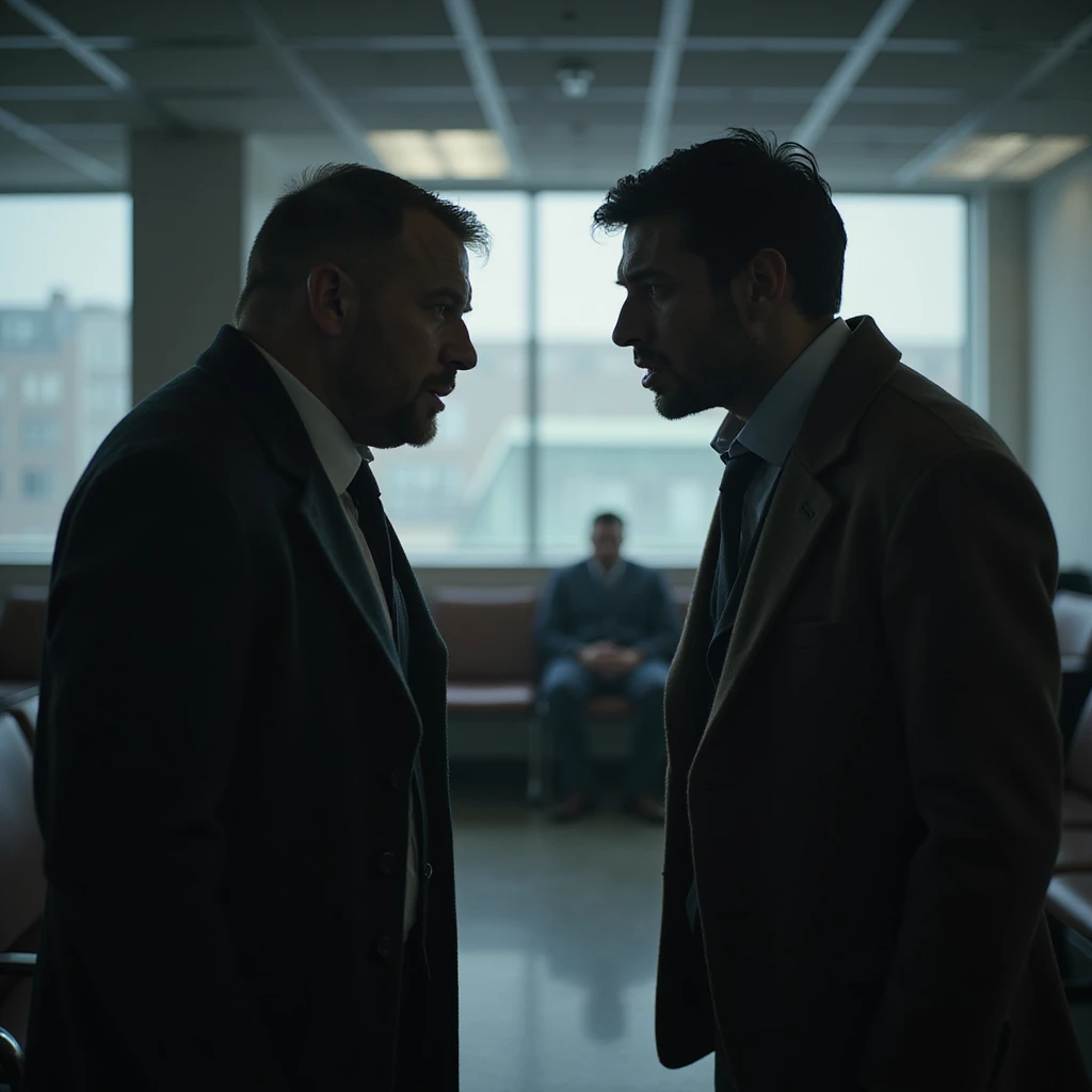 Two people arguing in a waiting room, tense expressions, cold and unwelcoming environment, hyperrealistic details, 4K resolution emoji