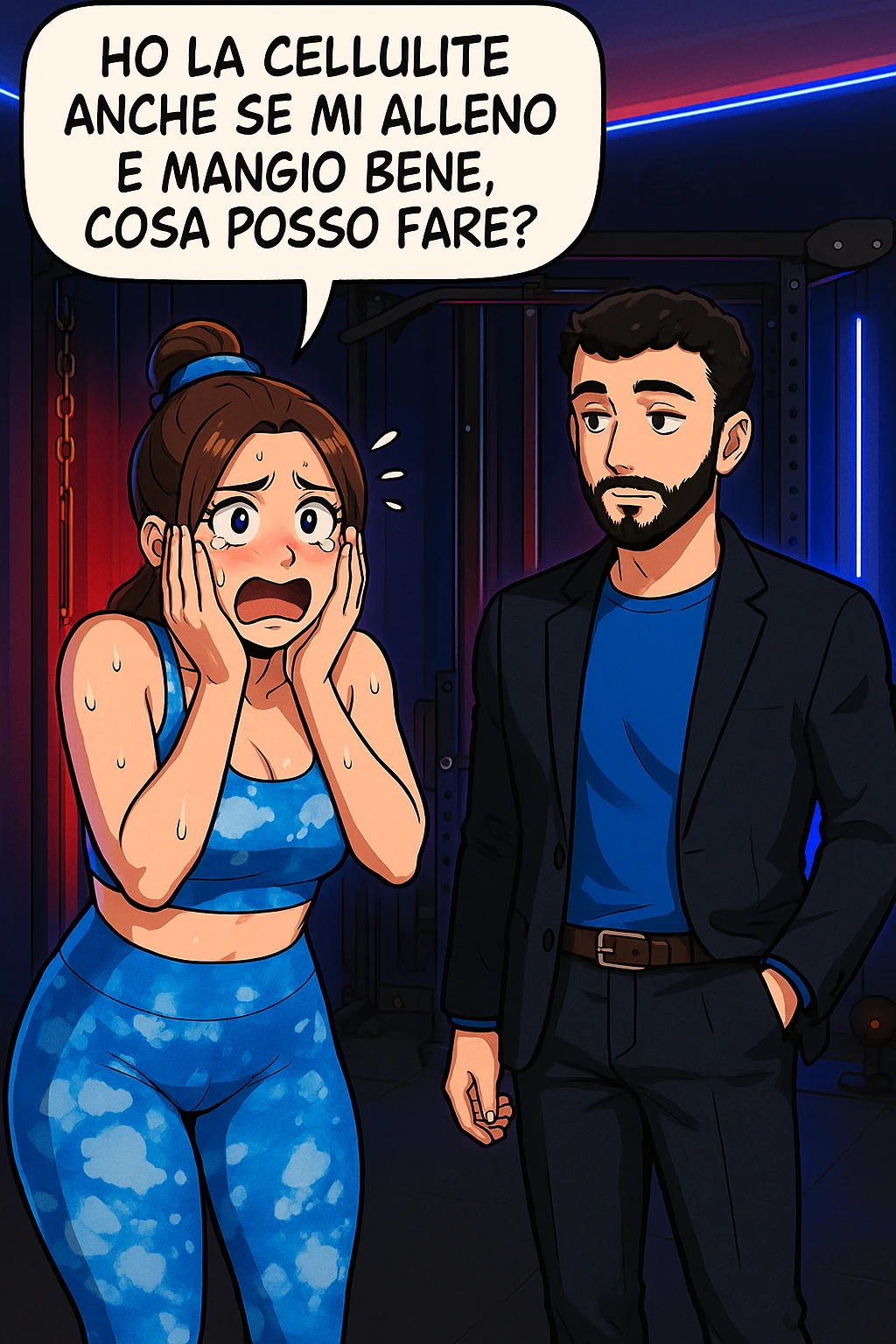TRASFORMA QUESTO CAROSELLO IN UN FUMETTO STILE WEBTOON/MANGA A COLORI CON QUESTE DUE PERSONE IDENTICHE CHE INTERLOQUISCONO TRA LORO, LA DONNA è DISPERATA CON LE MANI SULLE GUANCE E STA DOMANDANDO TUTTA AGITATA UNA COSA ALL'UOMO:

LEI (DONNA): Ho la cellulite anche se mi alleno e mangio bene, cosa posso fare? emoji