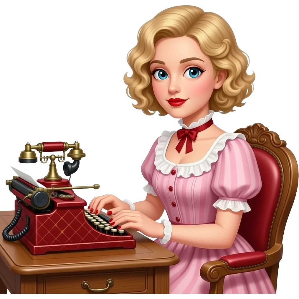 short blonde curly pixie bob hair in a 1800 pink outfit sitting down an antique desk, antique phone, and typing on an antique typewriter with red lipstick, red finger nails and in a Victorian setting emoji
