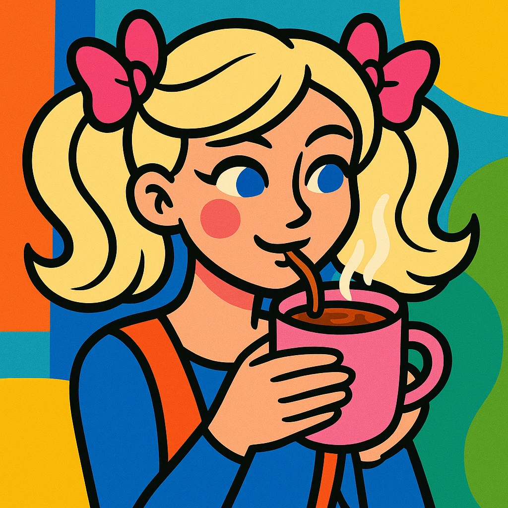 platinum blonde woman with pink bows in hair drinking hot chocolate from a pink mug, colorful and vibrant style emoji