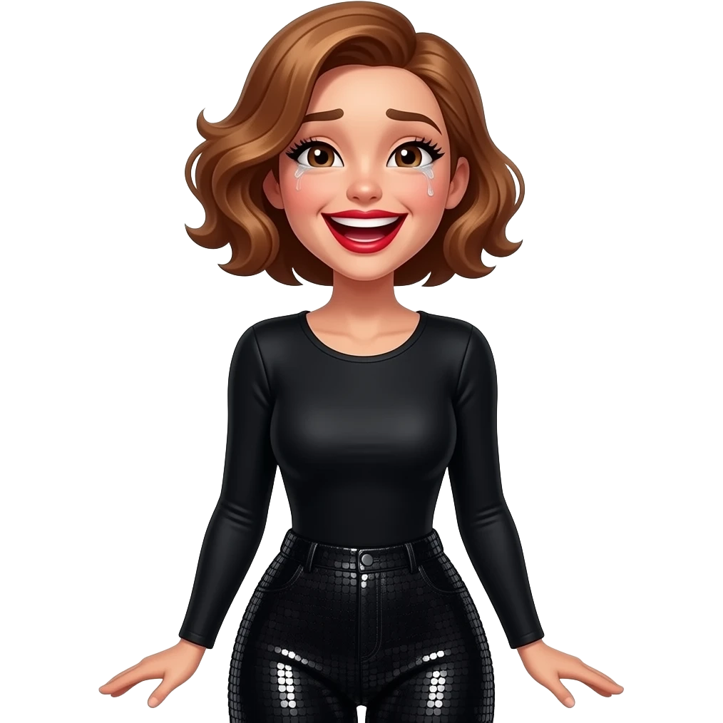glamours,-tanned,-very-beautiful-woman-with-big-plump-red-lips,-long-long-lashes,-honey-silky-very short- hair,-wavy-hair,-hazel-eyes- wearing-black-Long-sleeved-bodysuit-and-black-sequinned-pants-black-and-laughing-out-loud-with tears-waist-up emoji