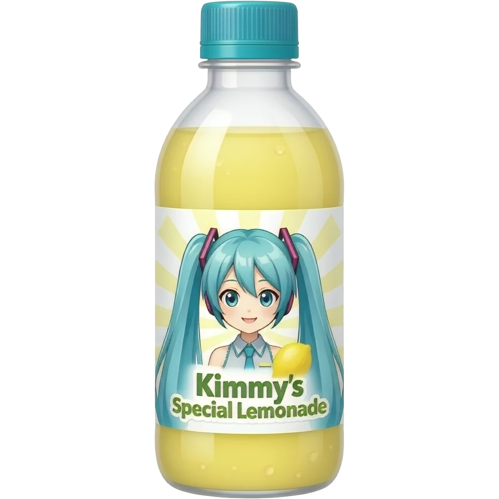 bottle of lemonade, with a miku hatsune label, yellow lemonade, teal cap, label say Kimmy's Special Lemonade emoji