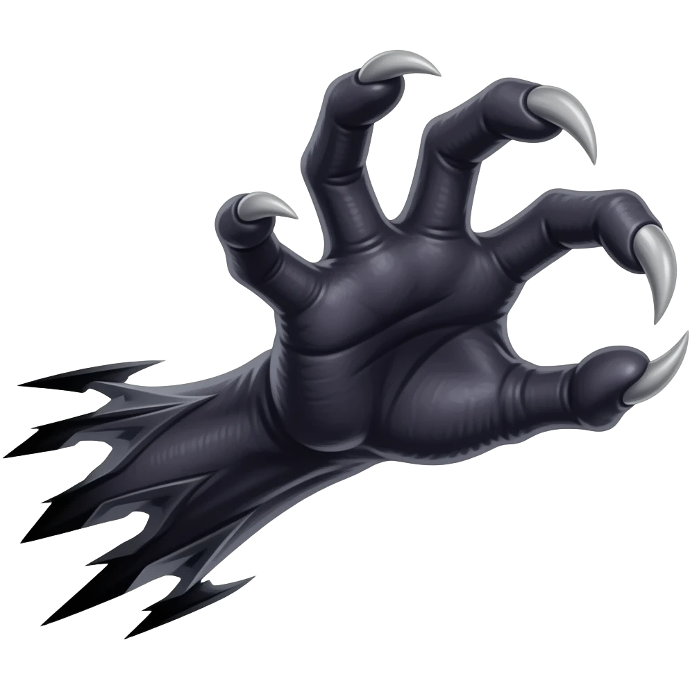 Long dark Demonic hand with sharp claws. Make the hand reach out to attack and slash towards the right of the image violently. Shift the perspective to a side profile to show the curvature and length of the claws more clearly. emoji