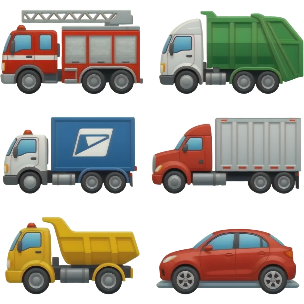 Fire truck, garbage truck, mail truck, semi trailer truck, dump truck, and car carrier emoji
