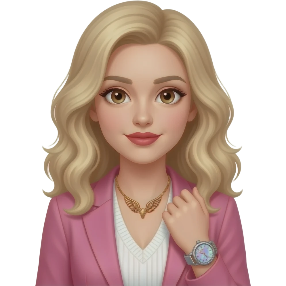 Slightly wavy blonde hair + Big light brown eyes + bronze color angel wing necklace + armwatch with blue&pink hologram dial and silver band + red lipstick + pink blazer + white pullover with open neck emoji