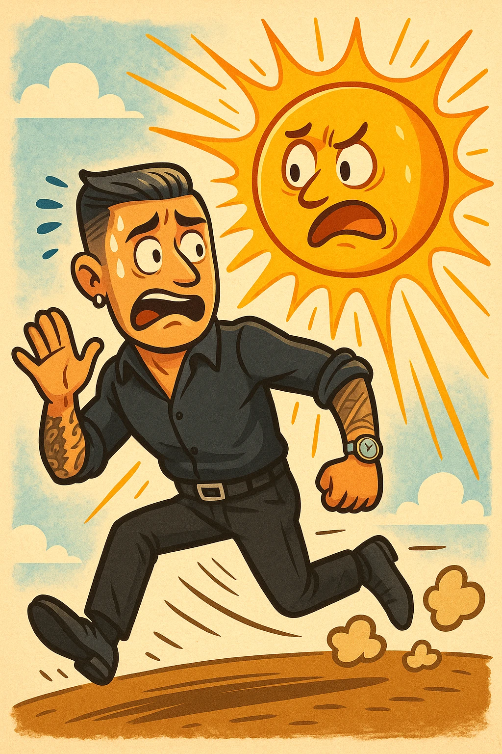 Uomo che corre via dal sole spaventato perchè pensa sia nocivo emoji