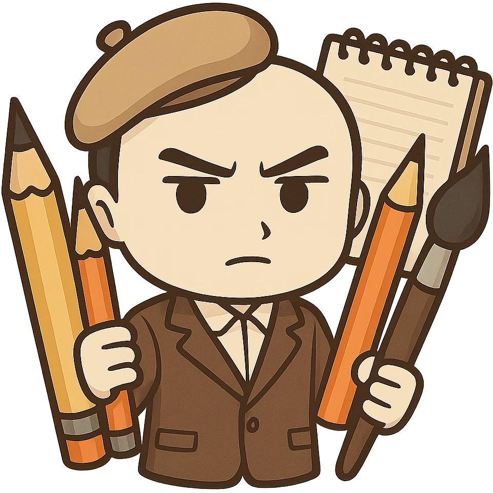 Make this chibi sticker mascot more serious and professional, keeping it gender-neutral. Add a focused expression, organized art supplies, and a more sophisticated vibe. No background. emoji