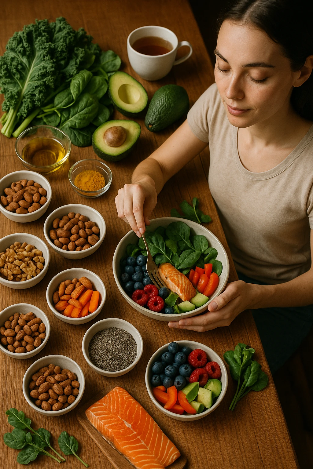 A realistic, cinematic flat-lay image of a clean wooden kitchen table filled with fresh, colorful whole foods known to help reduce androgen excess naturally. The table includes leafy greens like spinach and kale, avocados, berries, colorful vegetables, nuts, seeds (chia and flaxseeds), wild-caught salmon, and herbal teas, carefully arranged in an aesthetically pleasing, organized manner. A small glass bowl with olive oil and another with turmeric powder are included, emphasizing anti-inflammatory properties. In the scene, a young woman with clear, healthy skin and a calm expression is preparing a bowl with these ingredients, symbolizing a hormone-balancing diet. Warm, natural daylight streams in, creating a cozy and inviting atmosphere. The style is hyper-realistic 35mm photography, with vibrant yet soft colors, showcasing textures of the fresh produce and the peaceful vibe of using nutrition to support hormonal balance in italiano emoji