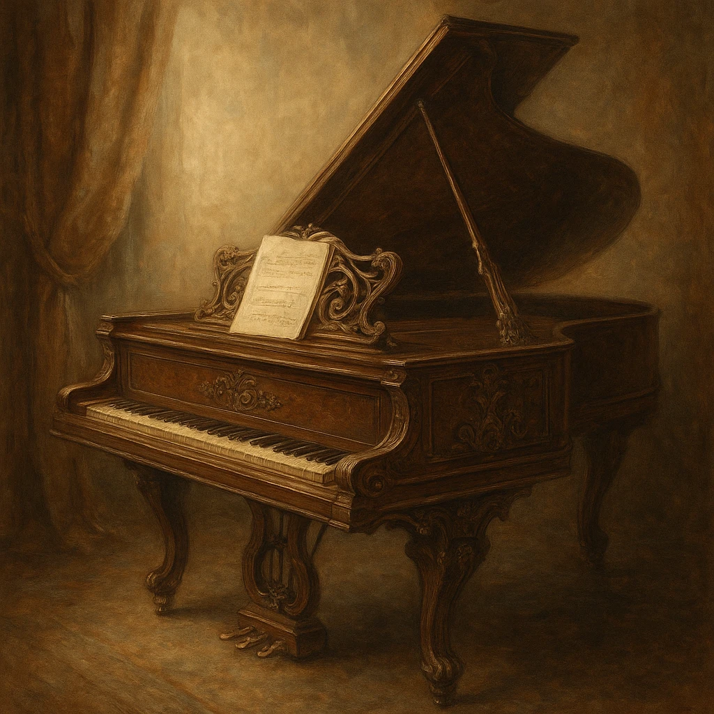 romantic period classical piano, soft lighting, vintage, intricate woodwork, sheet music, artistic emoji