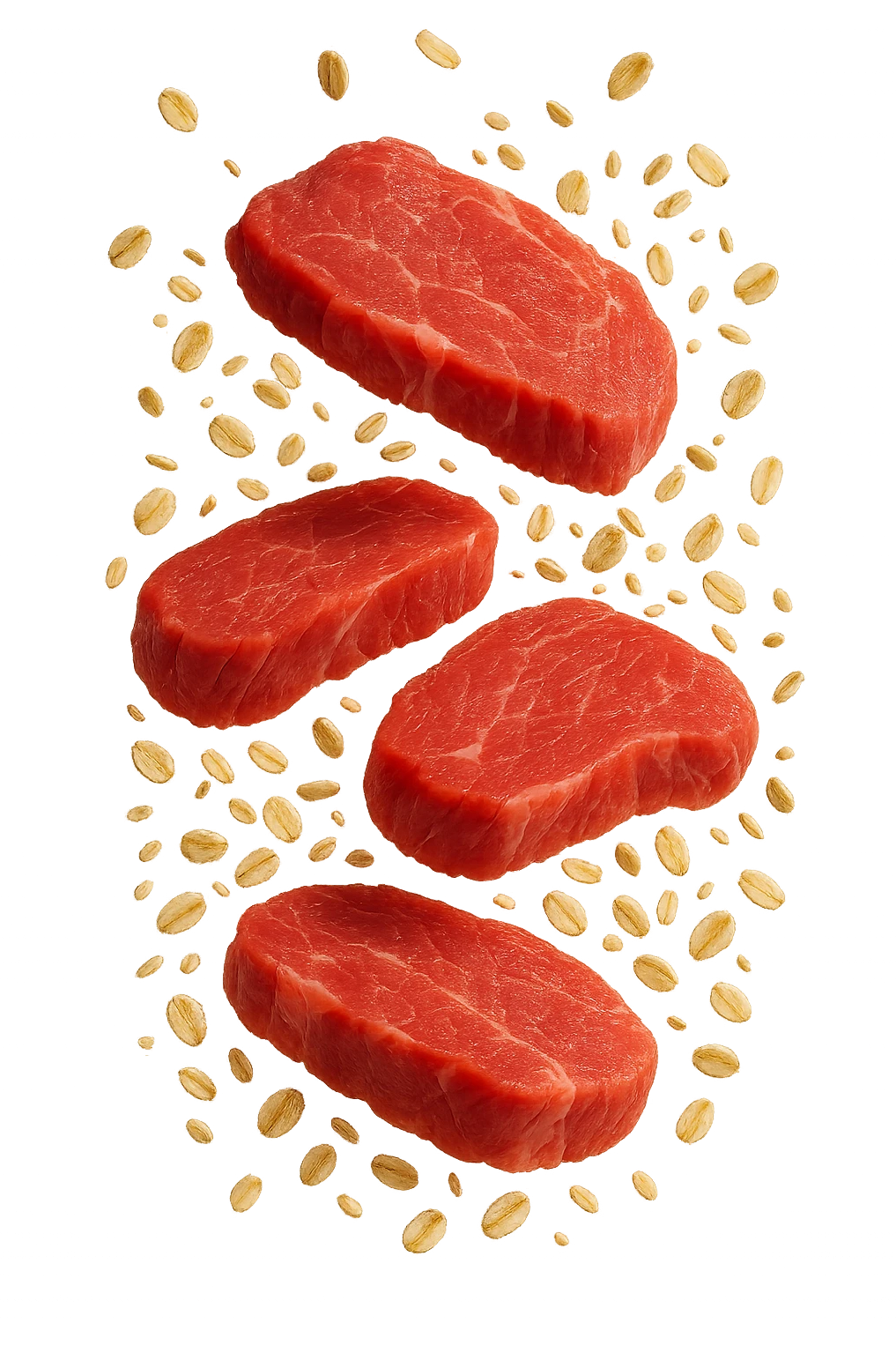 FETTINE DI CARNE FLUTTUANO IN ARIA INSIEME A FIOCCHI DI AVENA, IPERREALISTICO 4K emoji