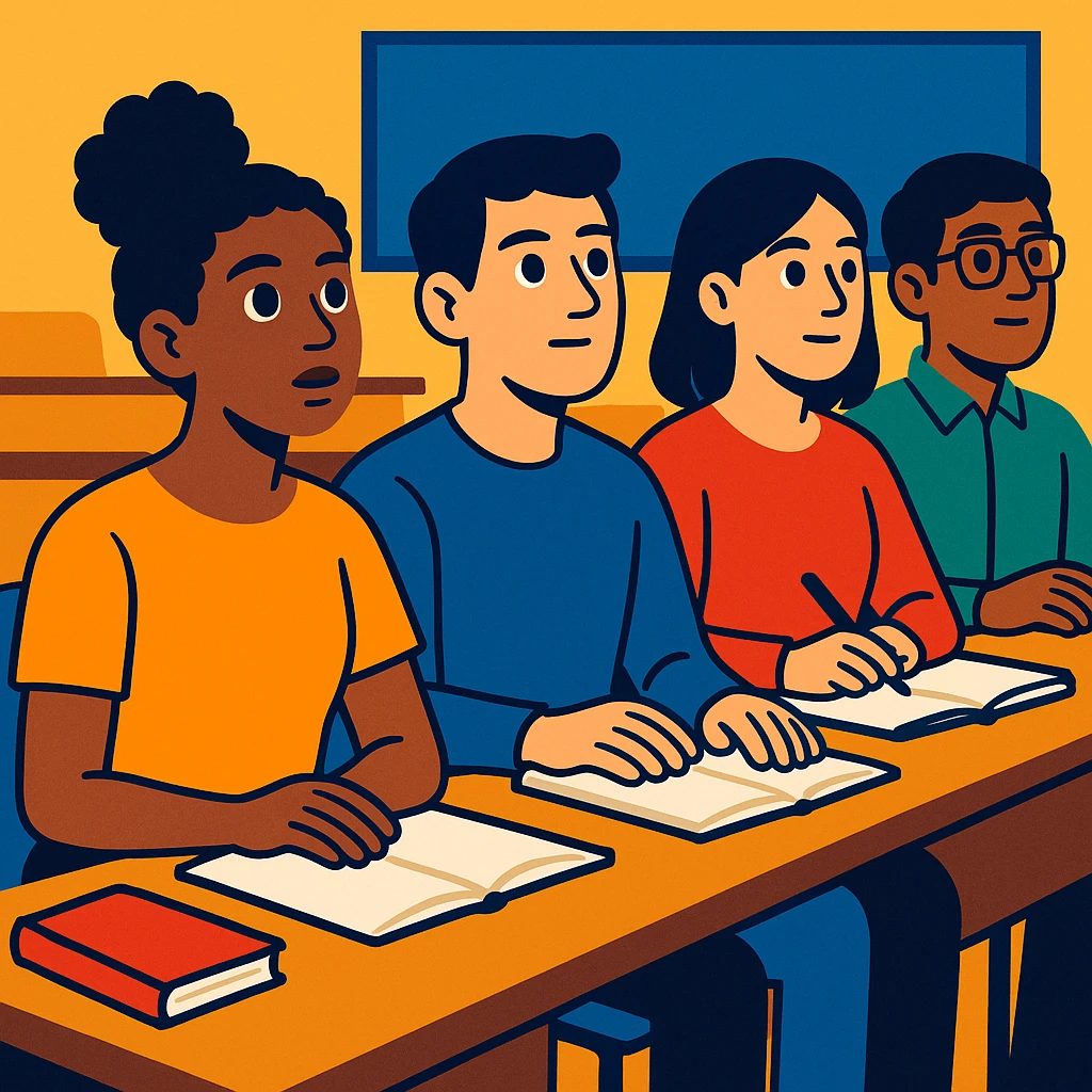 four diverse students sitting attentively following a university course, modern illustrative style, academic atmosphere emoji