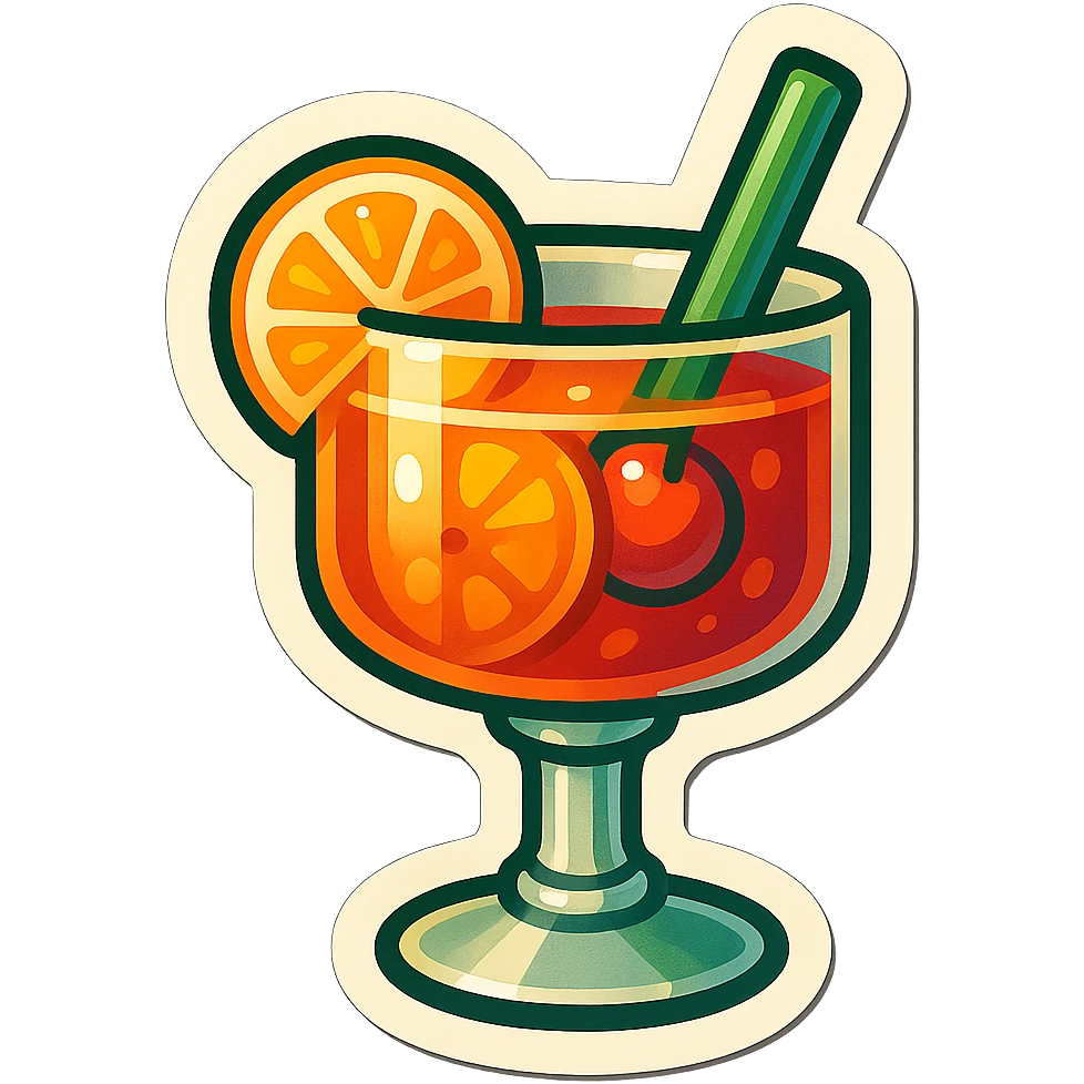 A cocktail in retro stickers style, with a vintage glass and colorful ingredients emoji