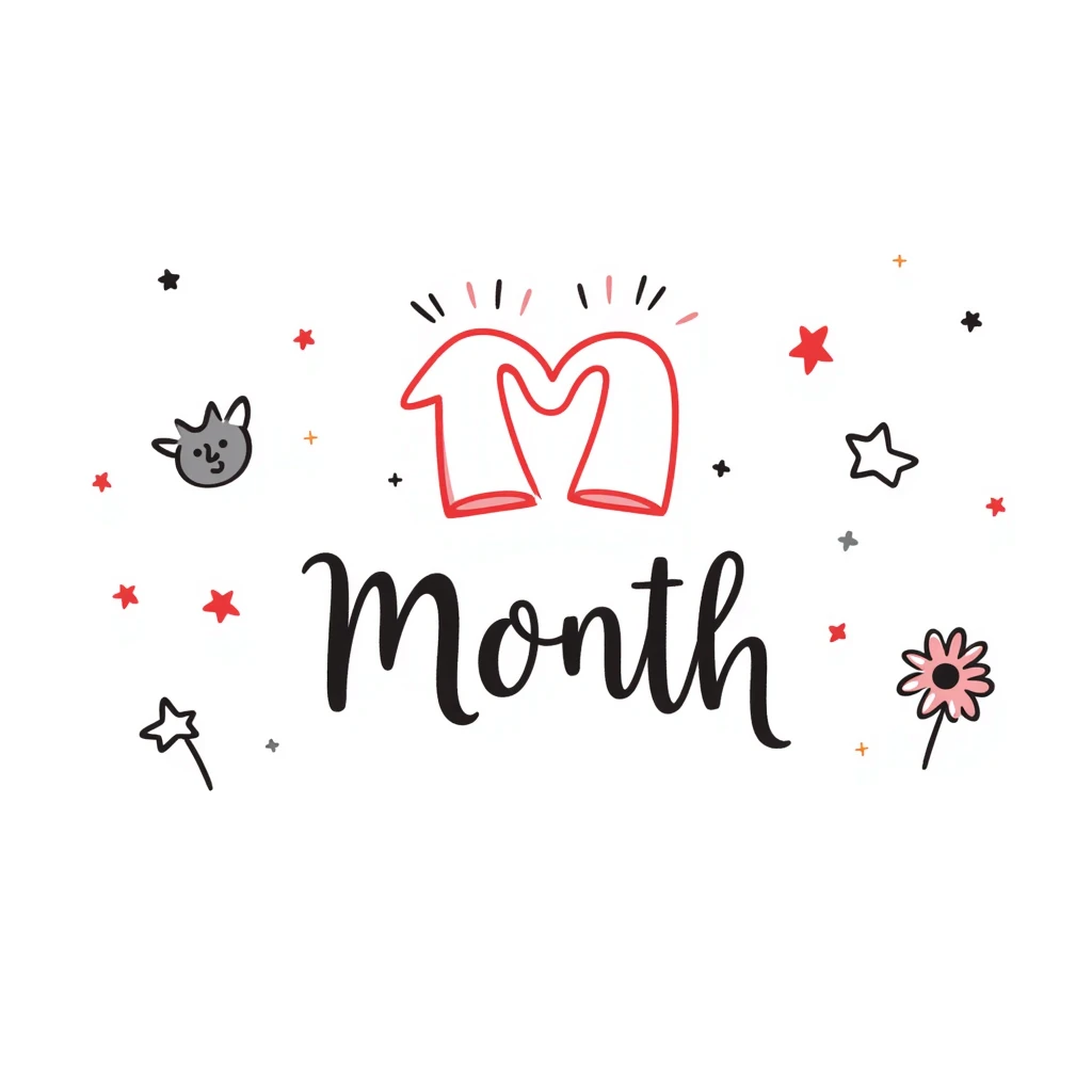 A cute pastel celebration design with sparkles and hearts, featuring "1 Month" in elegant handwriting, surrounded by friendship symbols like stars, pinky promise hands, smiling faces, and flowers. Warm and magical like a scrapbook memory collage for celebrating friendship. emoji