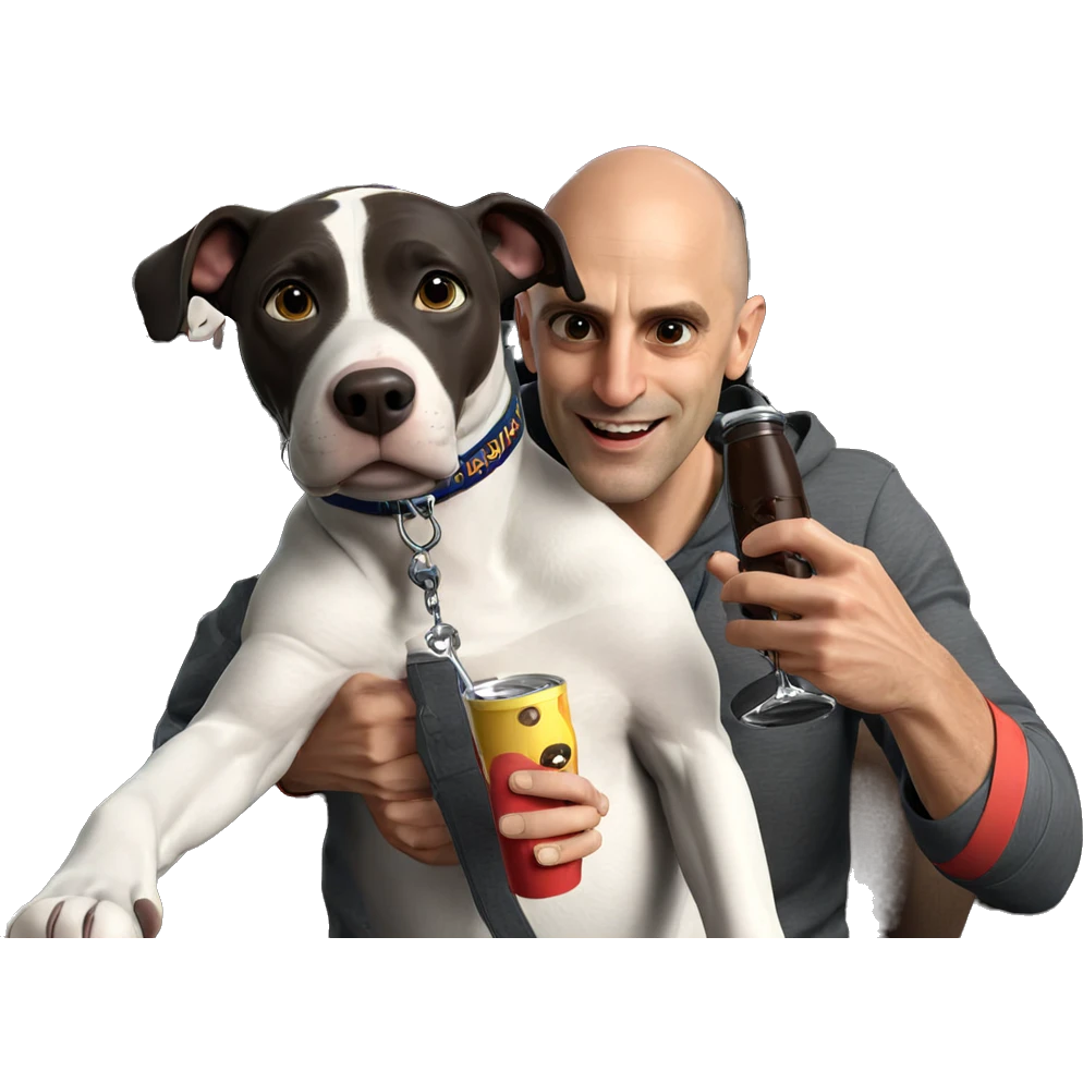 bald boy with dog and drink emoji