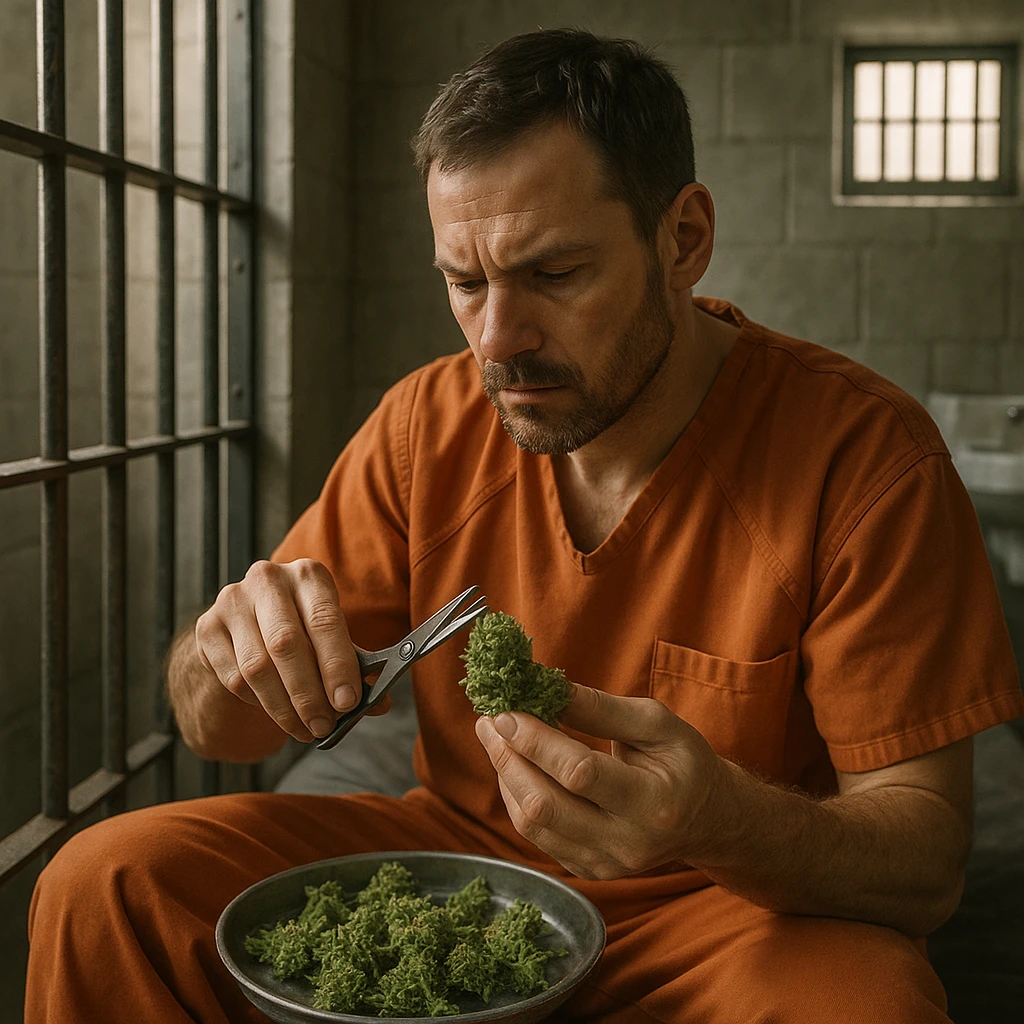 A man sitting in a jail cell, trimming cannabis buds with scissors, clearly showing the jail environment and the act of trimming cannabis. emoji