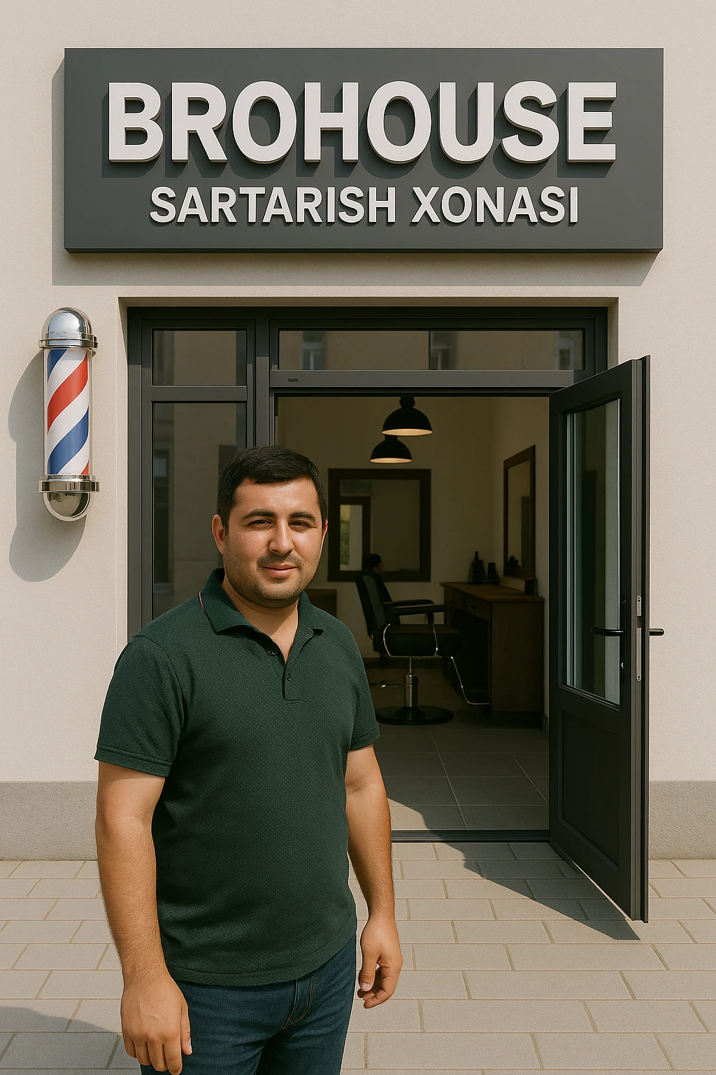 eni shu rasimga manashu odamga uxhshasin sartaosh eshik oldida tursin va tashqarida esa mijoz emoji