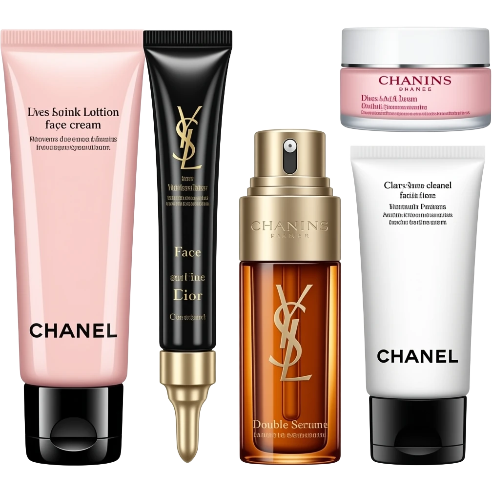 Face masks, Chanel Pink Lotion, Yves Saint Laurent eye cream, Dior face cream, Clarins Double Serum, and Chanel facial cleanser emoji