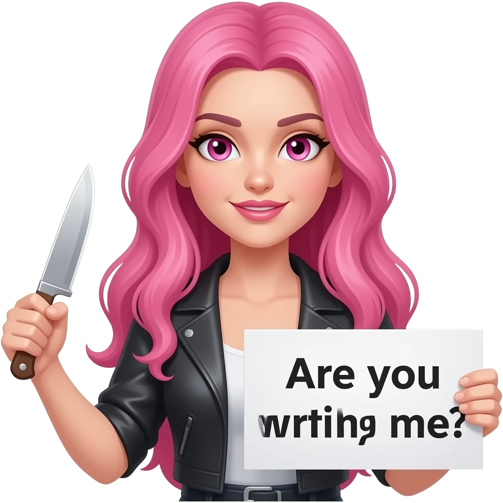 sexy girl with long pink hair and pink eyes wearing a holding a A KNIFE? Are you Flirting with me? sign emoji