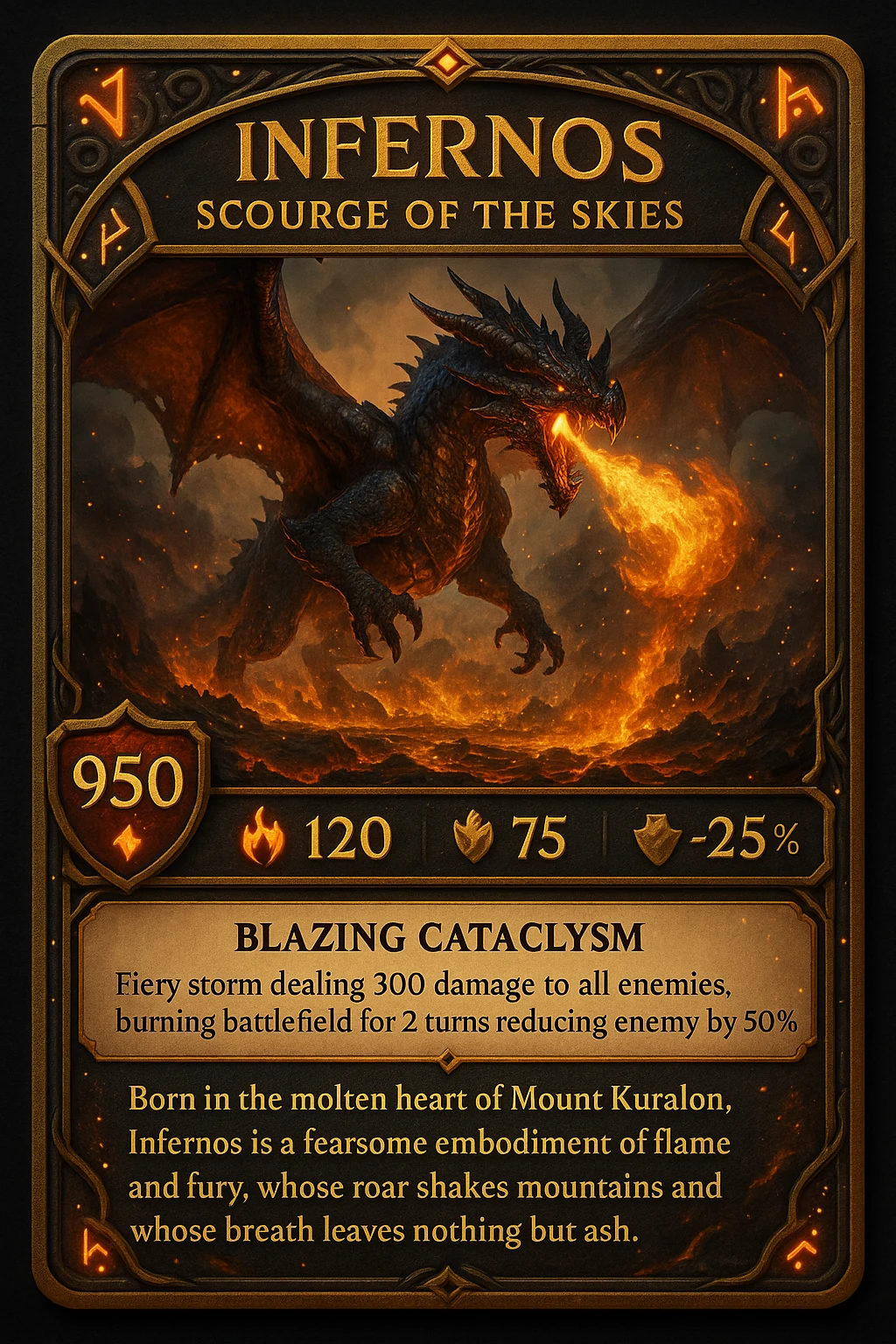 Make an epic role-playing card featuring a legendary fire-breathing dragon named Infernos, Scourge of the Skies. The card should display its stats: 950 HP, 120 fire power, and 75 armor that reduces physical damage by 25%. Highlight its special ability, Blazing Cataclysm—a fiery storm that deals 300 damage to all enemies and burns the battlefield for 2 turns, reducing enemy healing by 50%. The design should be ornate and collectible, with glowing ember accents, ancient dragon runes, and a dramatic illustration of Infernos flying over a scorched battlefield with molten lava and smoke. Add a lore-rich description: “Born in the molten heart of Mount Kuralon, Infernos is a fearsome embodiment of flame and fury, whose roar shakes mountains and whose breath leaves nothing but ash emoji