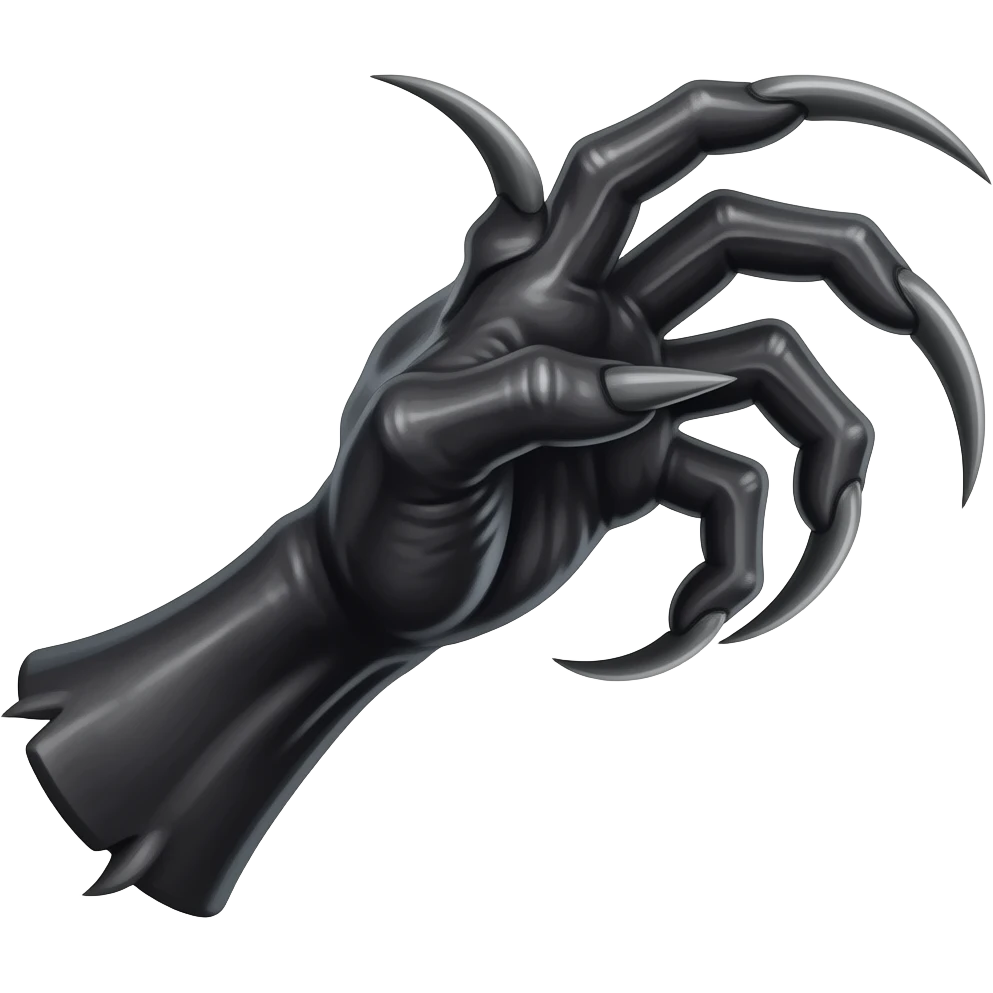 Long dark Demonic hand with sharp claws. Make the hand reach out to attack and slash towards the right of the image violently. Shift the perspective to a side profile to show the curvature and length of the claws more clearly. emoji