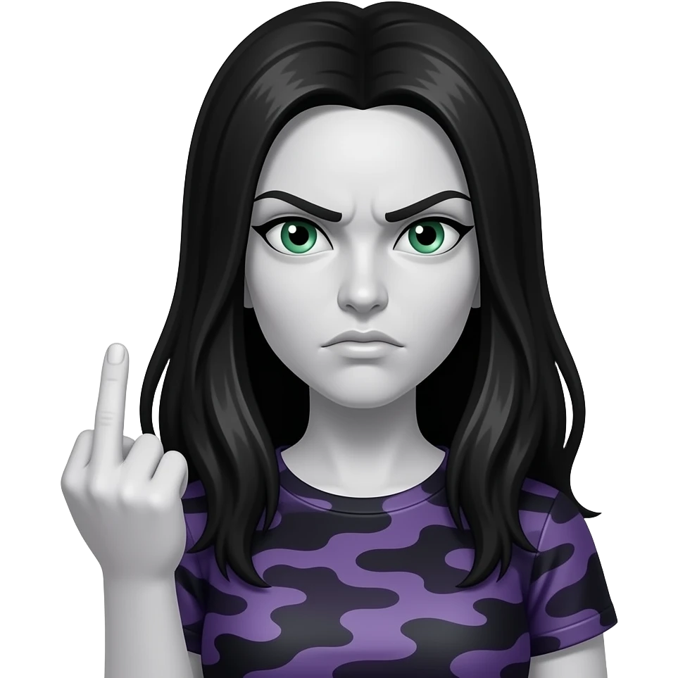 Angry Pale Woman with very long black hair and green eyes and a dark purple camoflage shirt giving the finger emoji