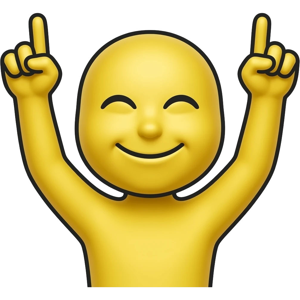 Emojis jaune rêveur avec les deux bras levés vers le ciel, les index pointés vers le haut, visage souriant les yeux fermés de joie,contours noirs épais, fond blanc, style autocollant, avec l’emoji de base que la tête et le bras  sans le corps avec l’emoji de base et sans le haut de corps emoji