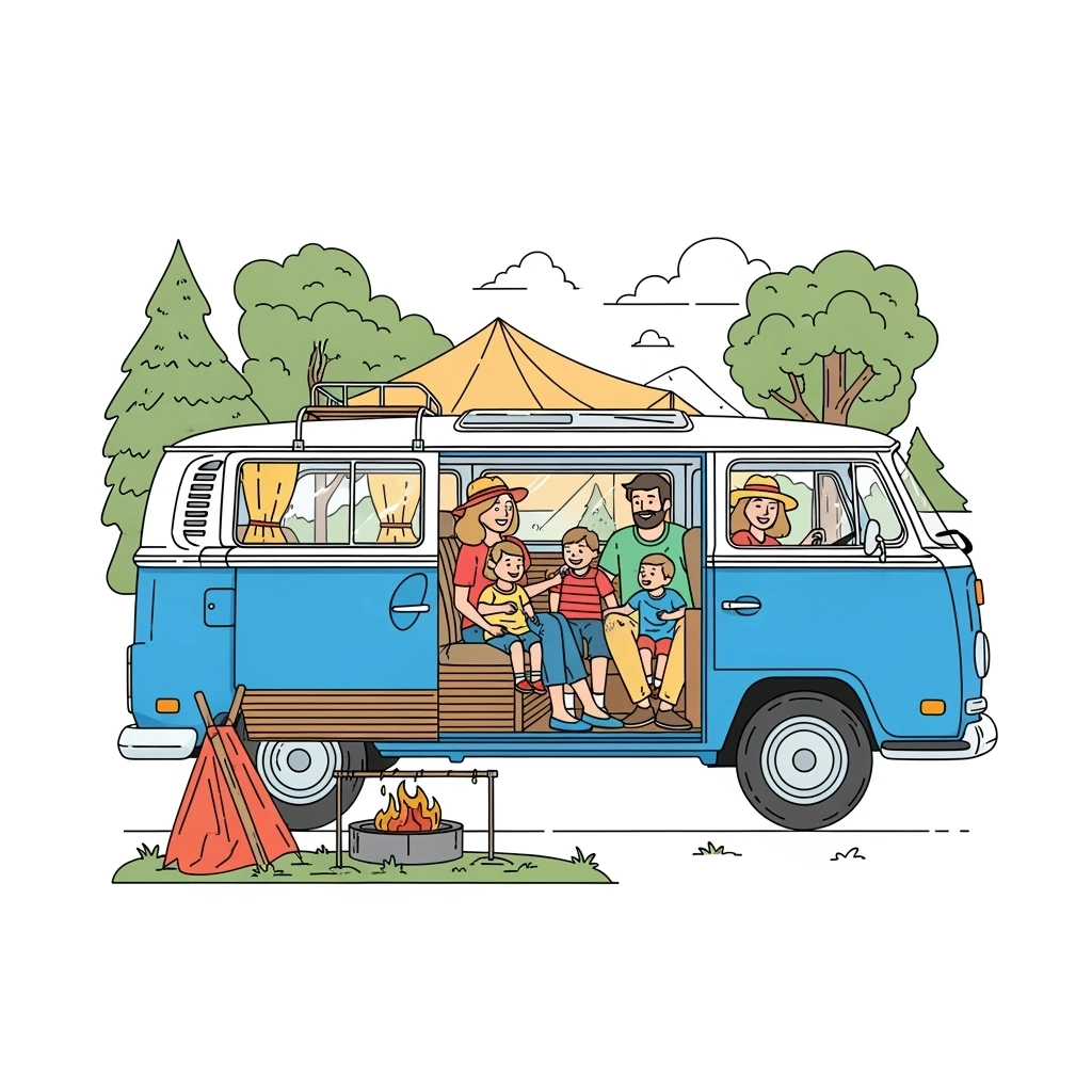 color vector art with thin outline of family with volkwagon van  emoji