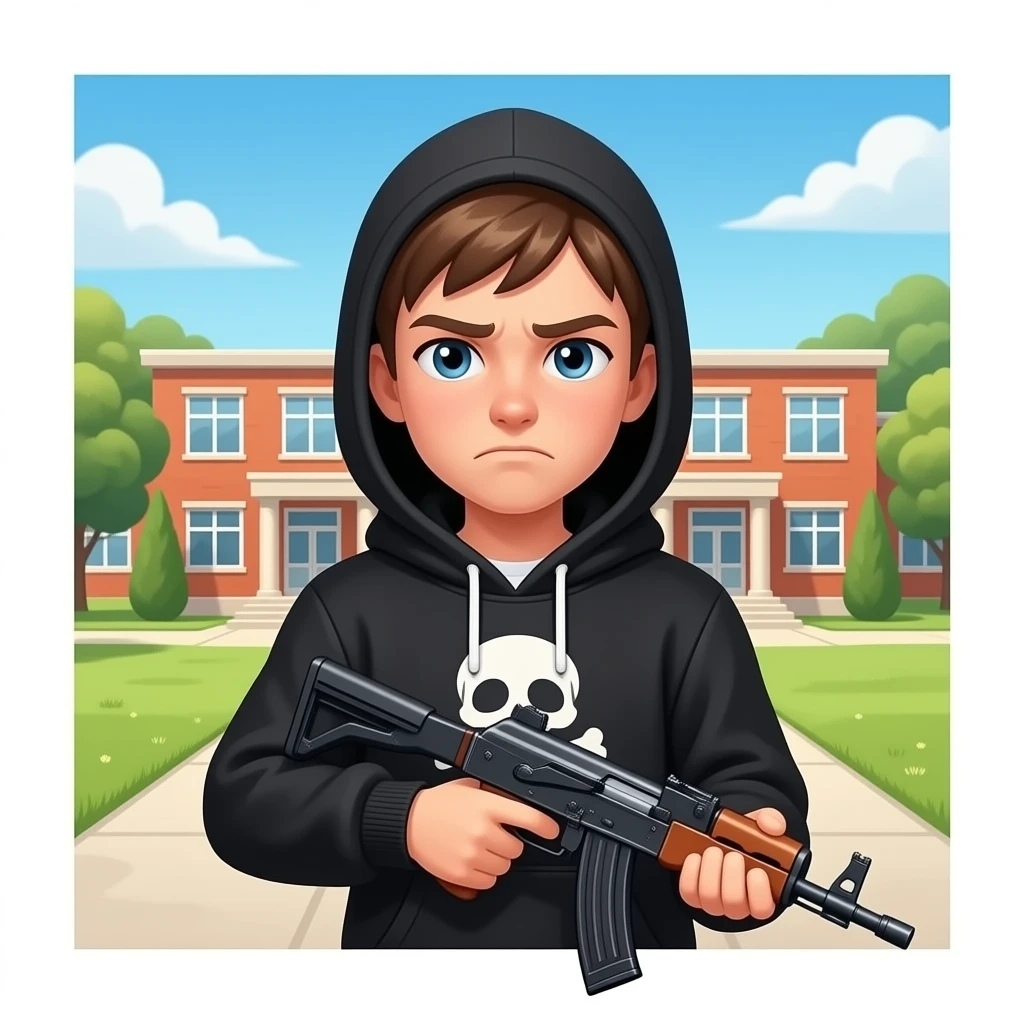 17 year old frowning teenager with black hoodie with skull and hood over head and uzi in hand, and school beside him emoji