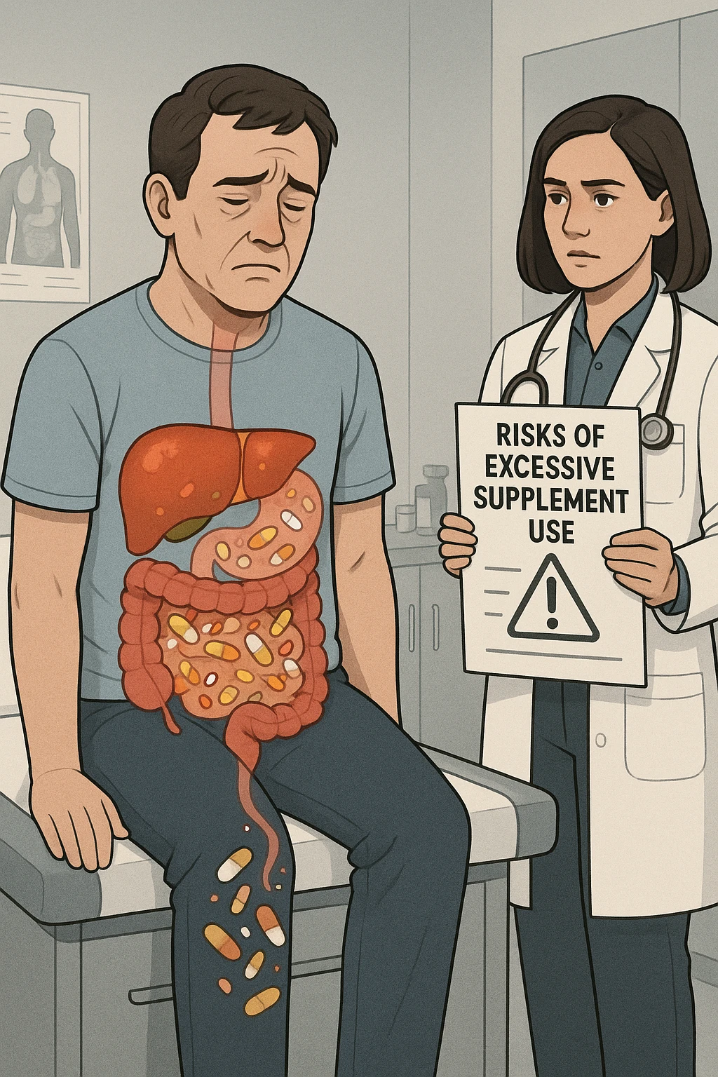 a man sits on a doctor’s examination table, looking fatigued and uncomfortable. A transparent anatomical overlay reveals his liver and intestines, both appearing inflamed and congested, with stylized supplement capsules and pills scattered throughout the digestive tract. The doctor stands nearby, holding a chart that highlights the risks of excessive supplement use. The mood is clinical and educational. emoji