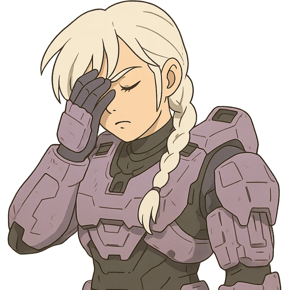 female, wearing reach spartan armor shoulder-unequip, long white braid hair with massive messy front side single bangs, gold yellow eyes, attention pose, HALO:series, no helmet, the armor is lavender color scheme, facepalm, smh, eyes closed emoji