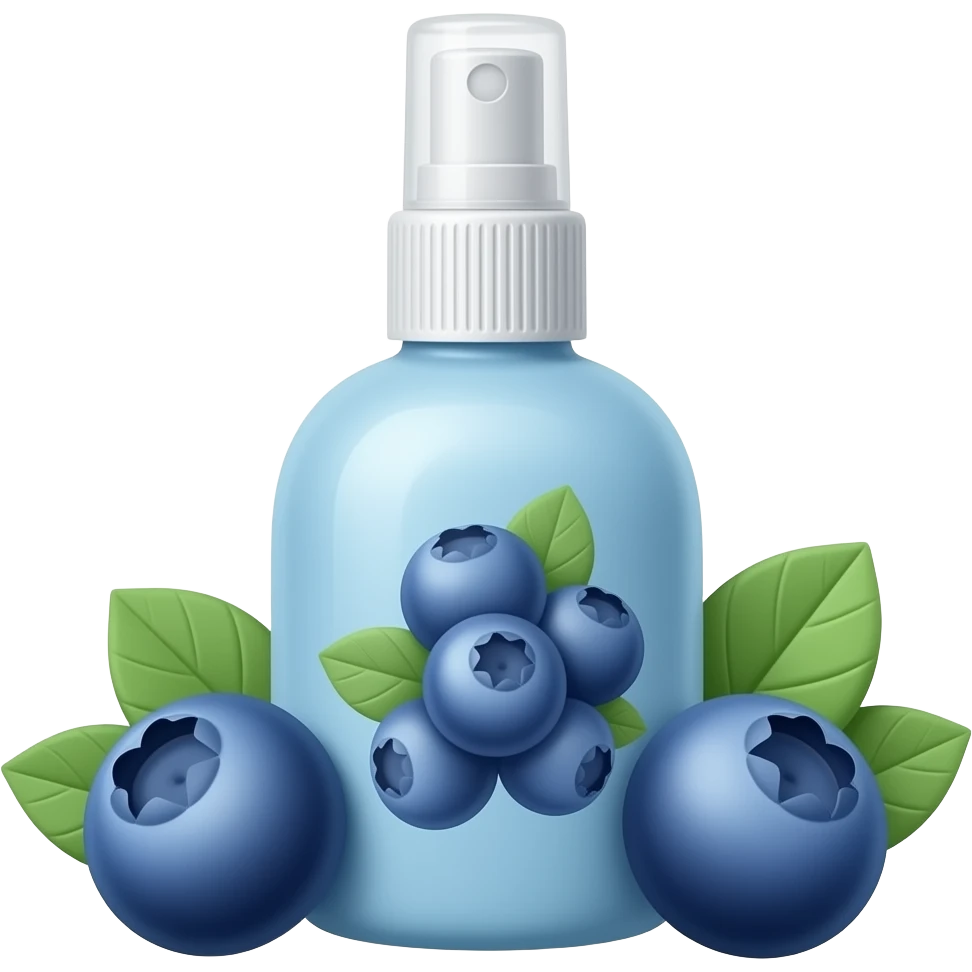 Spray frasco azul para cuidados com a pele com uma estampa com um 🫐 emoji