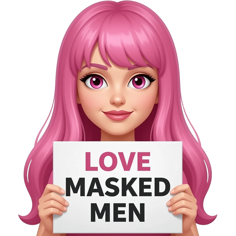 sexy girl with long pink hair and pink eyes holding a LOVE MASKED MEN sign emoji