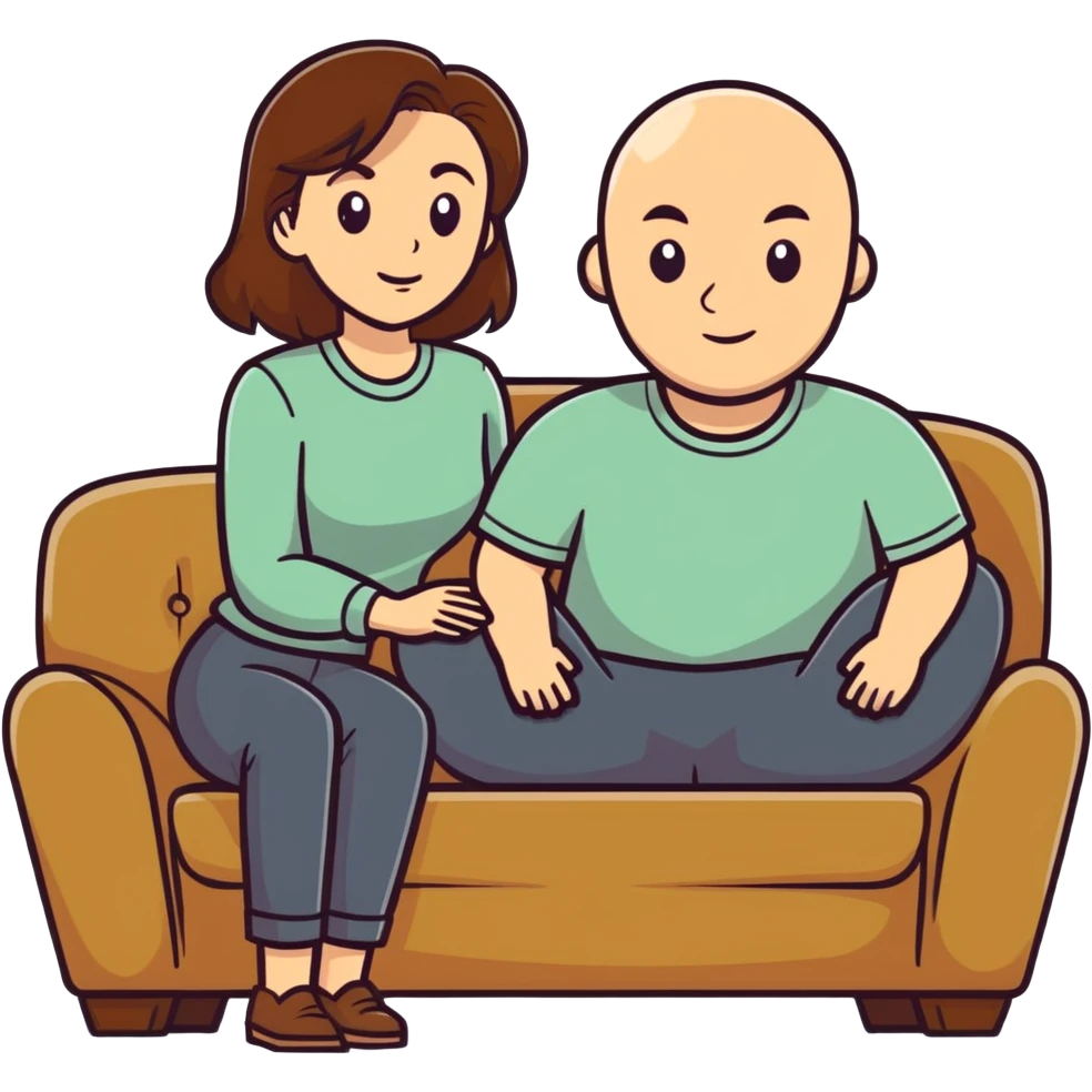 One Caucasian woman with brown hair big boobs wearing pants sitting on a couch with a bald man. She is kneeling emoji