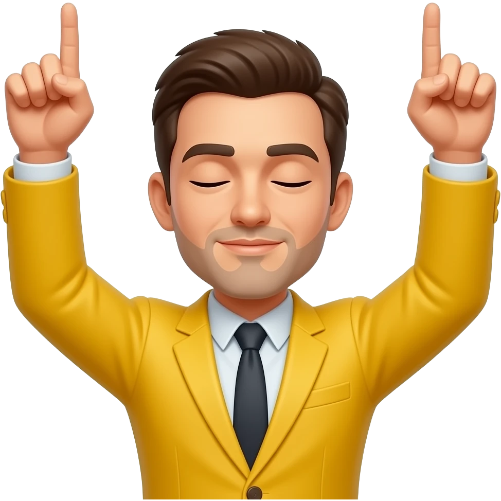Emojis jaune blazer avec les deux bras levés vers le ciel, les index pointés vers le haut, visage les yeux fermé, fond blanc, style autocollant, avec l’emoji de base que la tête et le bras que la tête emoji