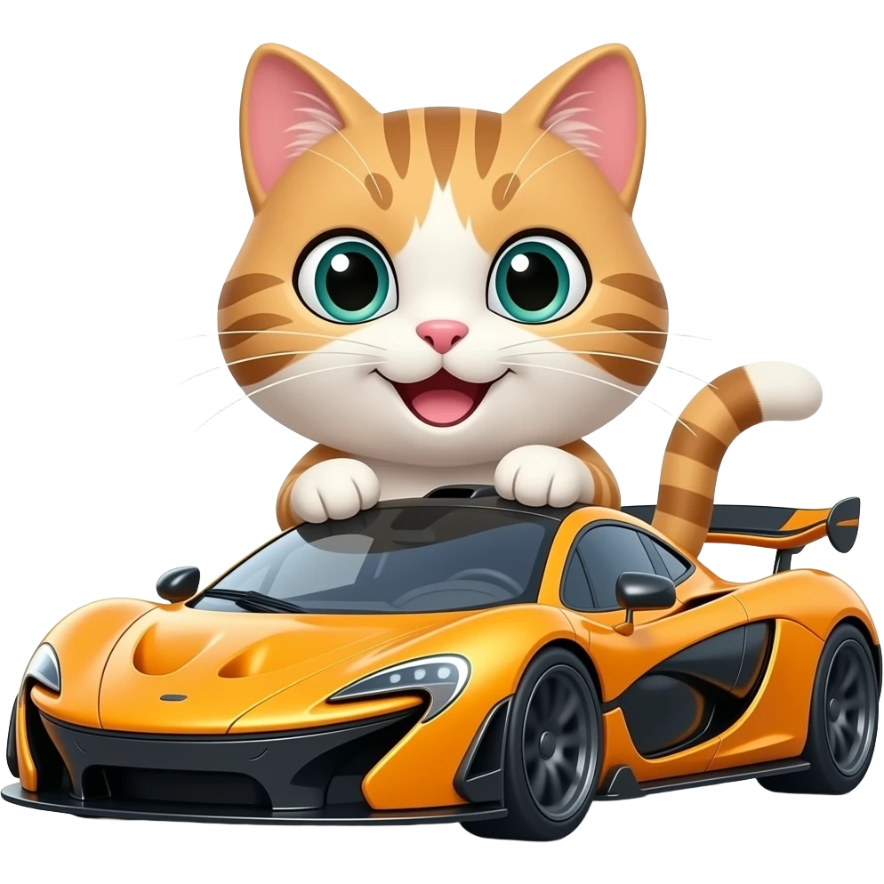 a happy cat racing a mclaren f1 car emoji