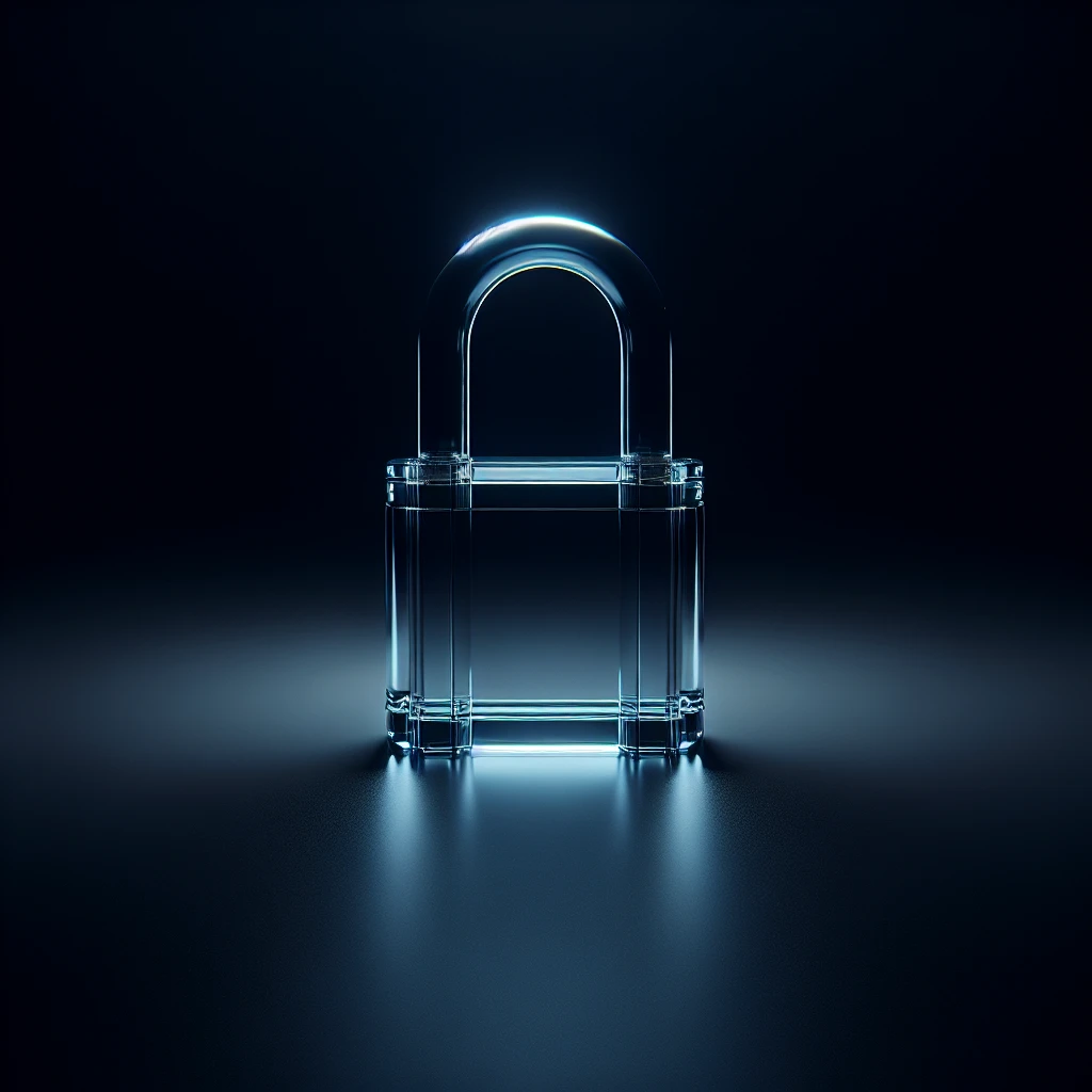 Photo of a 3d made of glass padlock, black void around symmetrical 3d render, rim light emoji