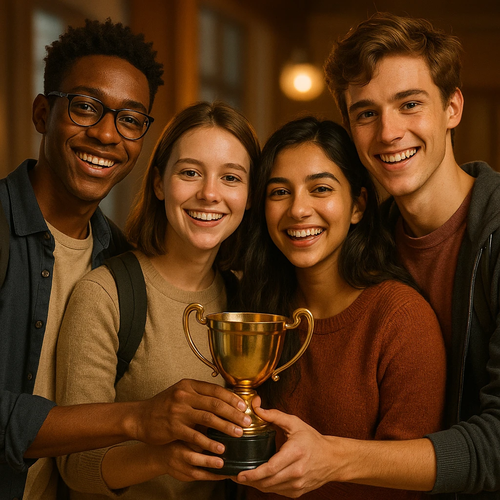 quatre jeunes étudiants ensemble, tenant un trophée, ambiance chaleureuse, style semi-réaliste, warm lighting, detailed faces emoji