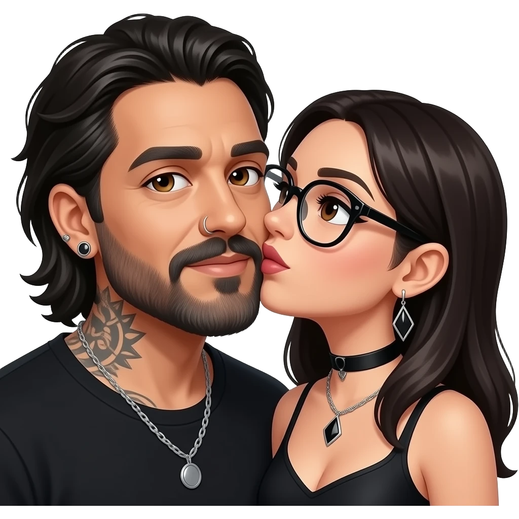 The handsome manly Latino podcast host with medium length hair, a long slightly graying beard and tattoos with his ears pierced 1 time each ear and a nose ring on the right side, dark brown eyes, wearing black, and jewelry, kissing a semi gothic woman with oversized glasses emoji