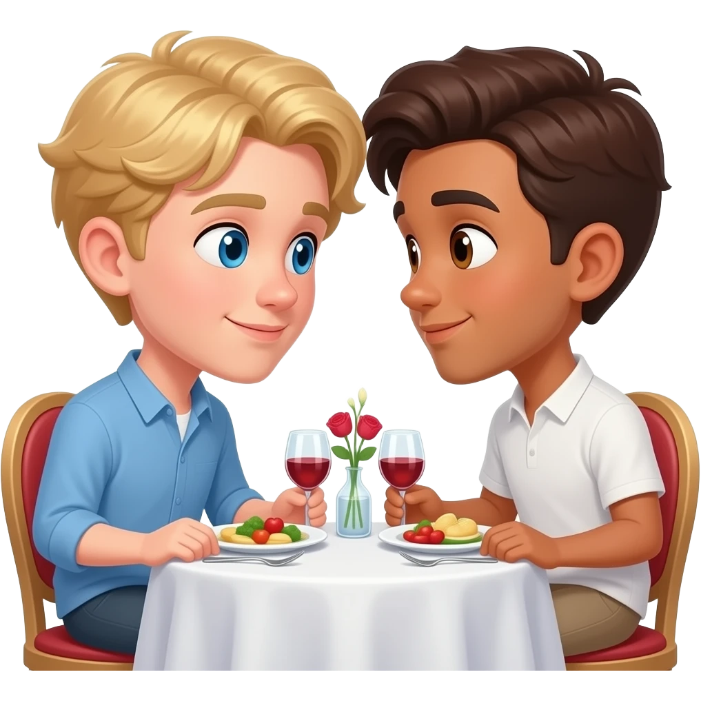 Make a young gay male teen couple on a Date , one has light Skin with Blond Hair and Blue Eyes, the other one has slightly brown skin witz dark Brown Hair and Brown Eyes. They are on a date having dinner. They look romantic at each other in love. emoji