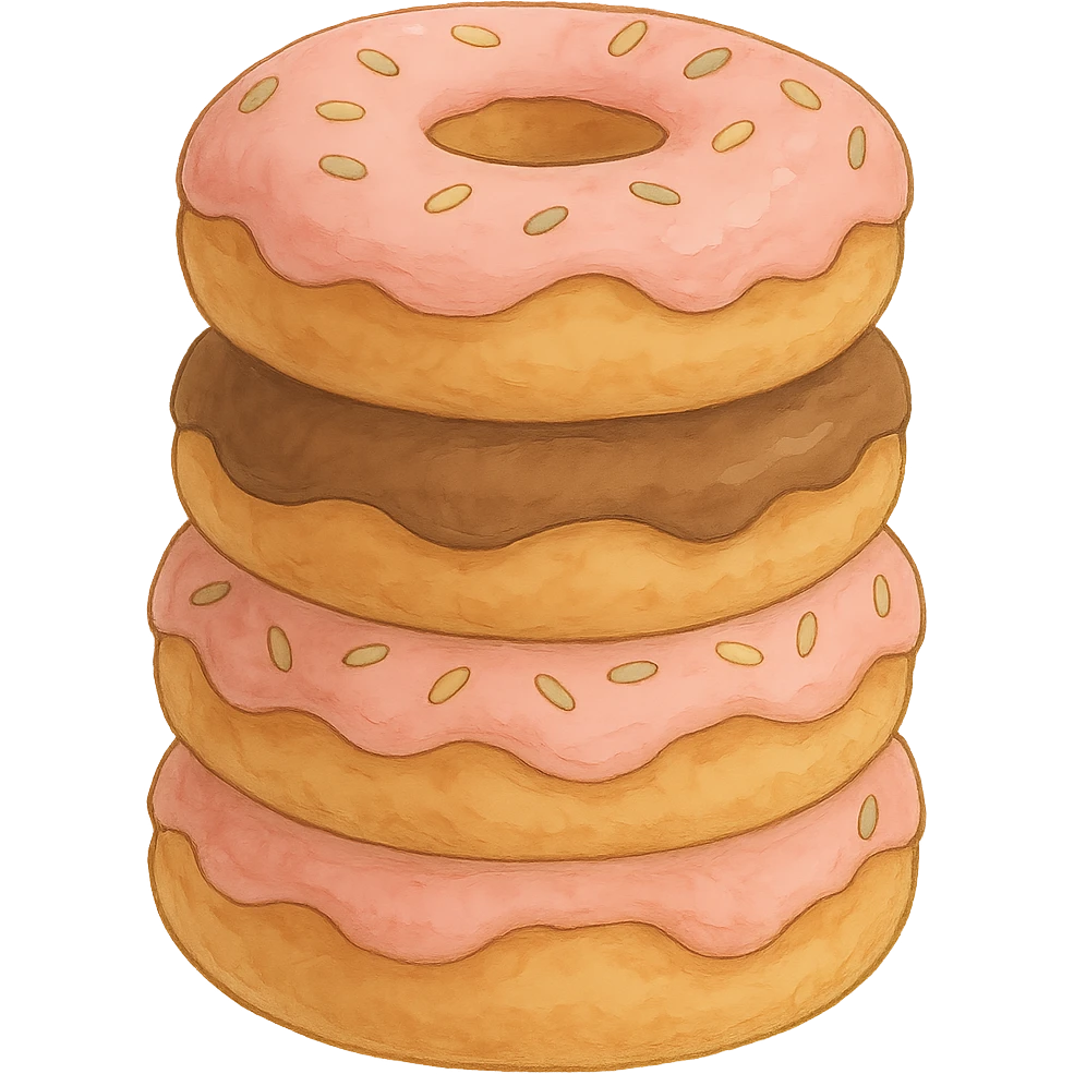 A stack of donuts in Ghibli style, detailed, soft pink colors, with no background emoji