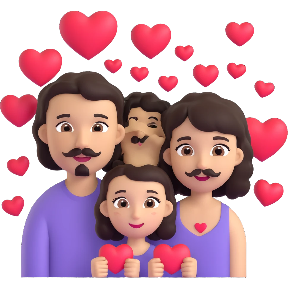 couple emoji: pale girl with long straight dark brown hair, no facial hair; tan boy with short black curly hair, small goatee and separate mustache; hearts around them emoji