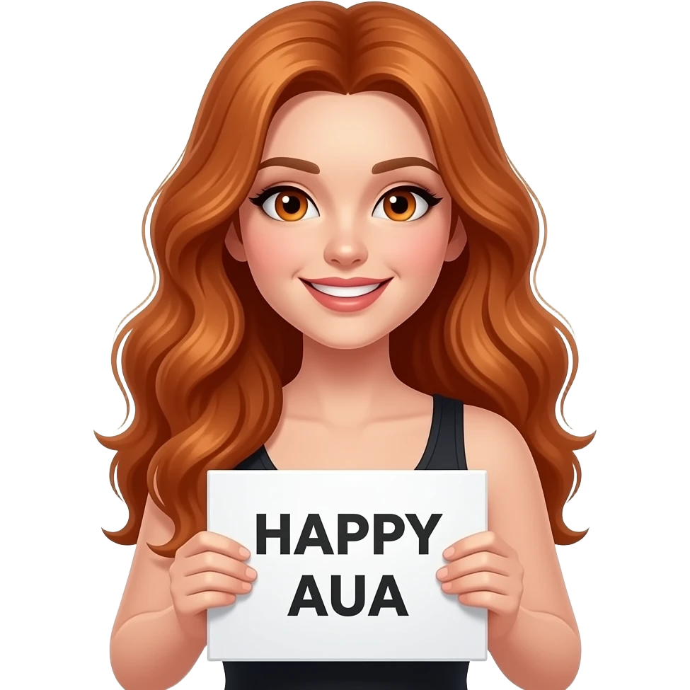 sexy girl with long wavy ginger hair and ginger eyes wearing a black tanktop is holding a white colored sign with HAPPY AUA written on it emoji