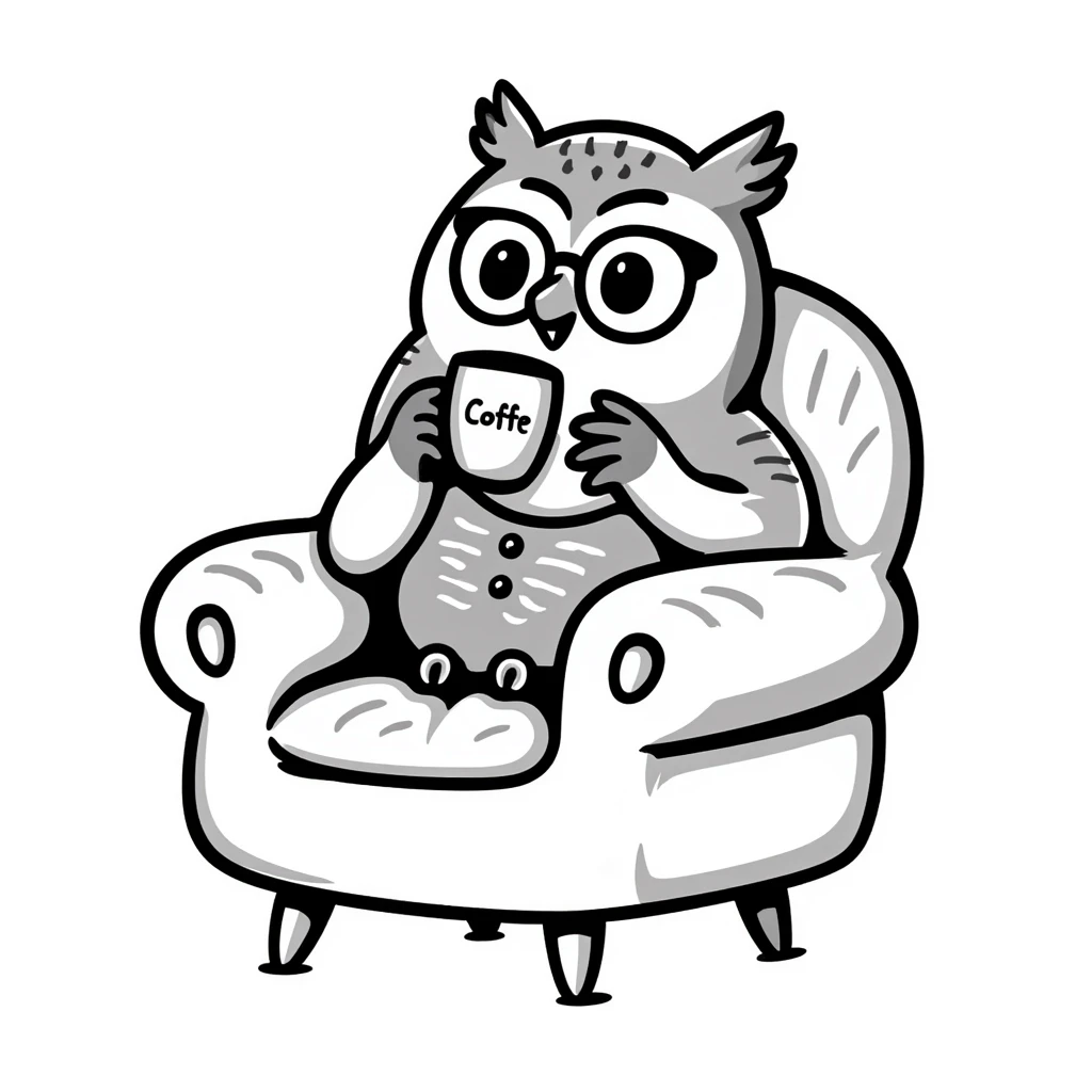 wise owl drinking coffee sitting in an armchair, hand drawn doodle style emoji