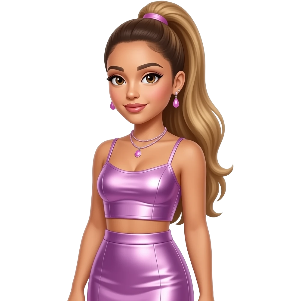 Ariana Grande with brown eyes, long golden brown ponytail hair, lavender pink metallic crop top and long skirt, pink necklace and earrings emoji